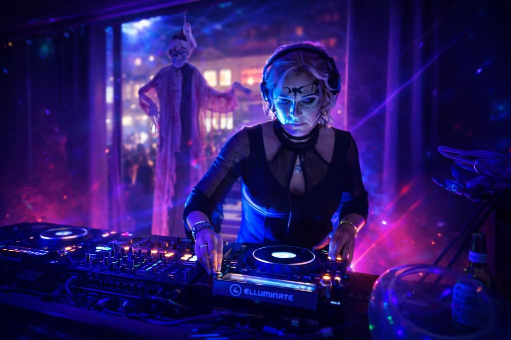 Amber Jane DJing live with purple club lighting and Pioneer gear